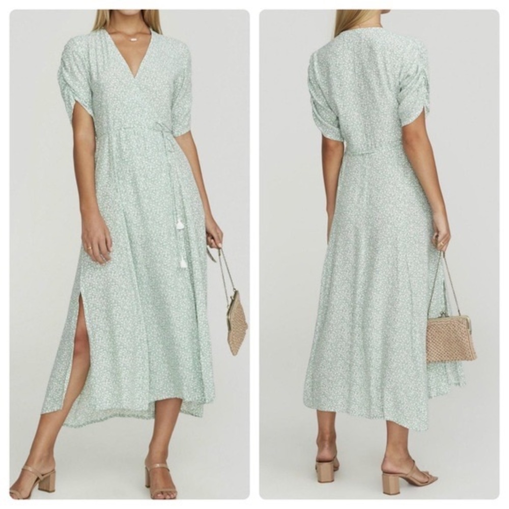 Faithfull The Brand Chiara Green white Floral Wrap Midi Dress Size Medium/ 6